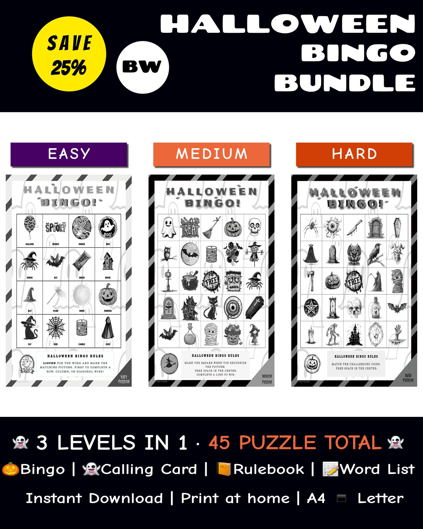 Halloween Bingo Printable Game Bundle - Easy, Medium, Hard Family Edition (Black & White)