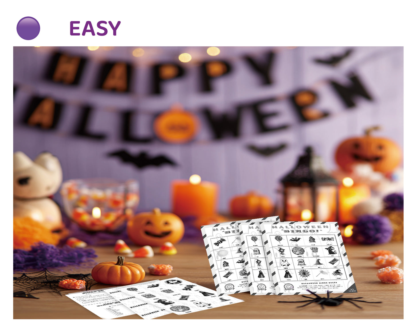 Halloween Bingo Printable Game Bundle - Easy, Medium, Hard Family Edition (Black & White)