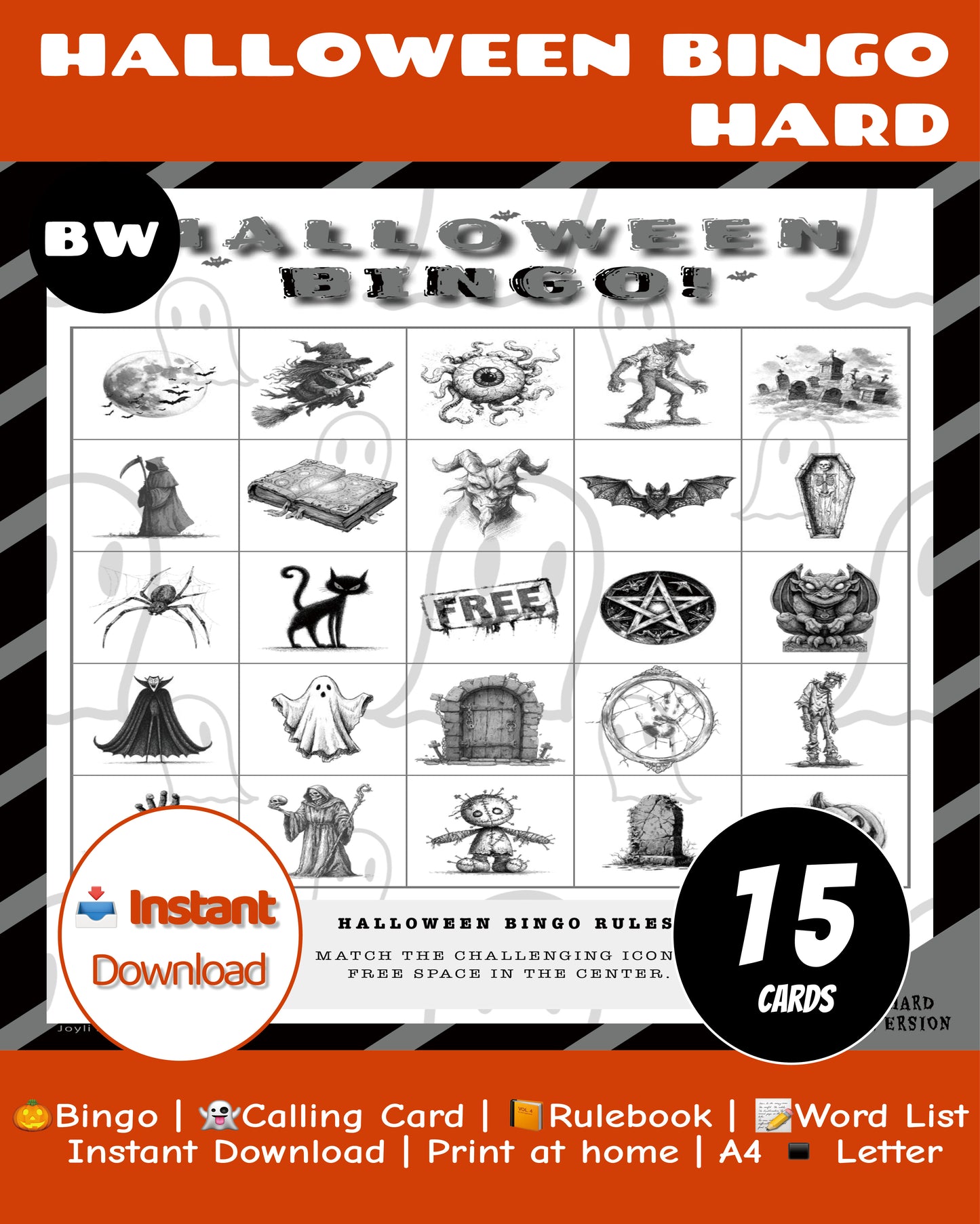 Halloween Bingo Printable Game β 15Hard Edition |Black & White | Adult Party Fun