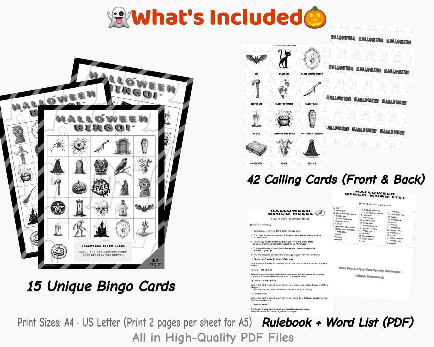 Halloween Bingo Printable Game β 15Hard Edition |Black & White | Adult Party Fun