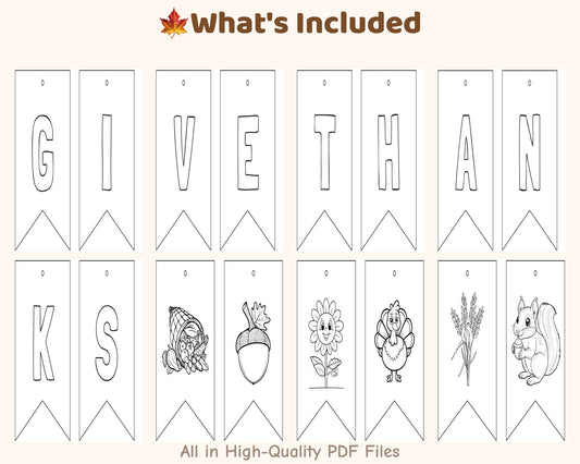 Printable Thanksgiving coloring banner – “Give Thanks” garland with letters and cute fall illustrations like turkey, squirrel, and sunflower.