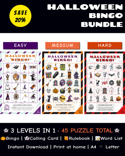 Halloween Bingo Printable Game Bundle – Easy, Medium & Hard Family Edition