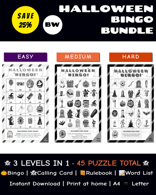 Halloween Bingo Printable Game Bundle - Easy, Medium, Hard Family Edition (Black & White)