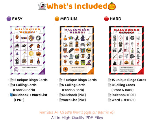 Halloween Bingo Printable Game Bundle – Easy, Medium & Hard Family Edition