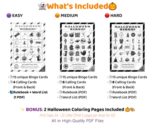 Halloween Bingo Printable Game Bundle - Easy, Medium, Hard Family Edition (Black & White)