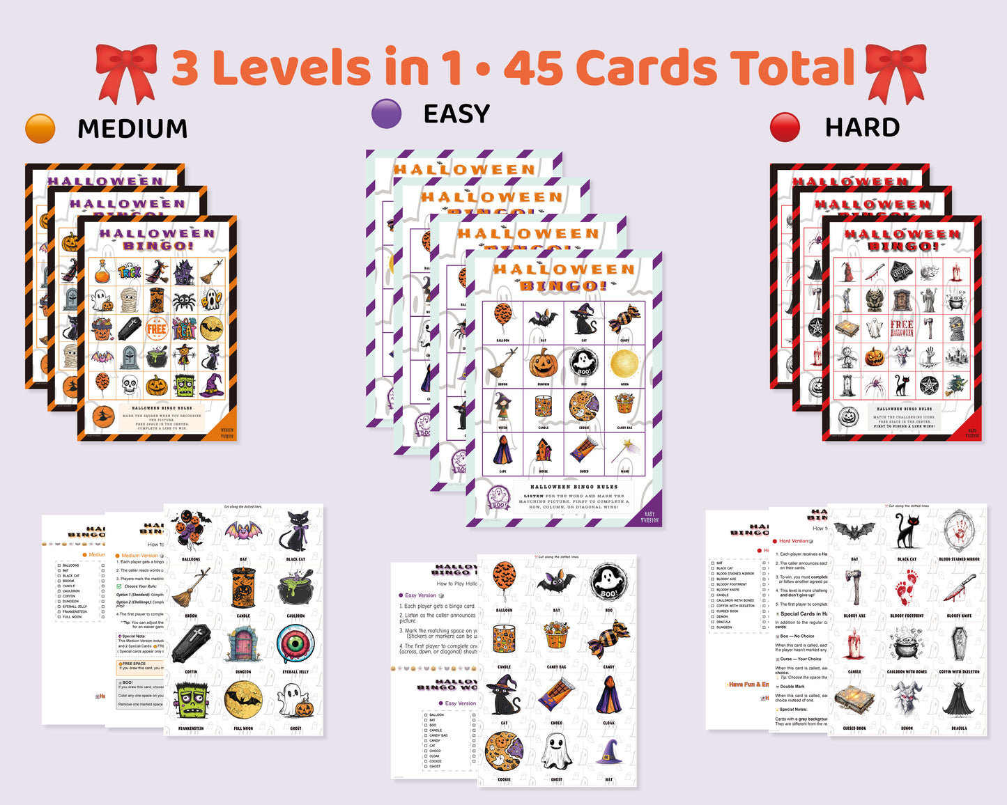Halloween Bingo Printable Game Bundle – Easy, Medium & Hard Family Edition