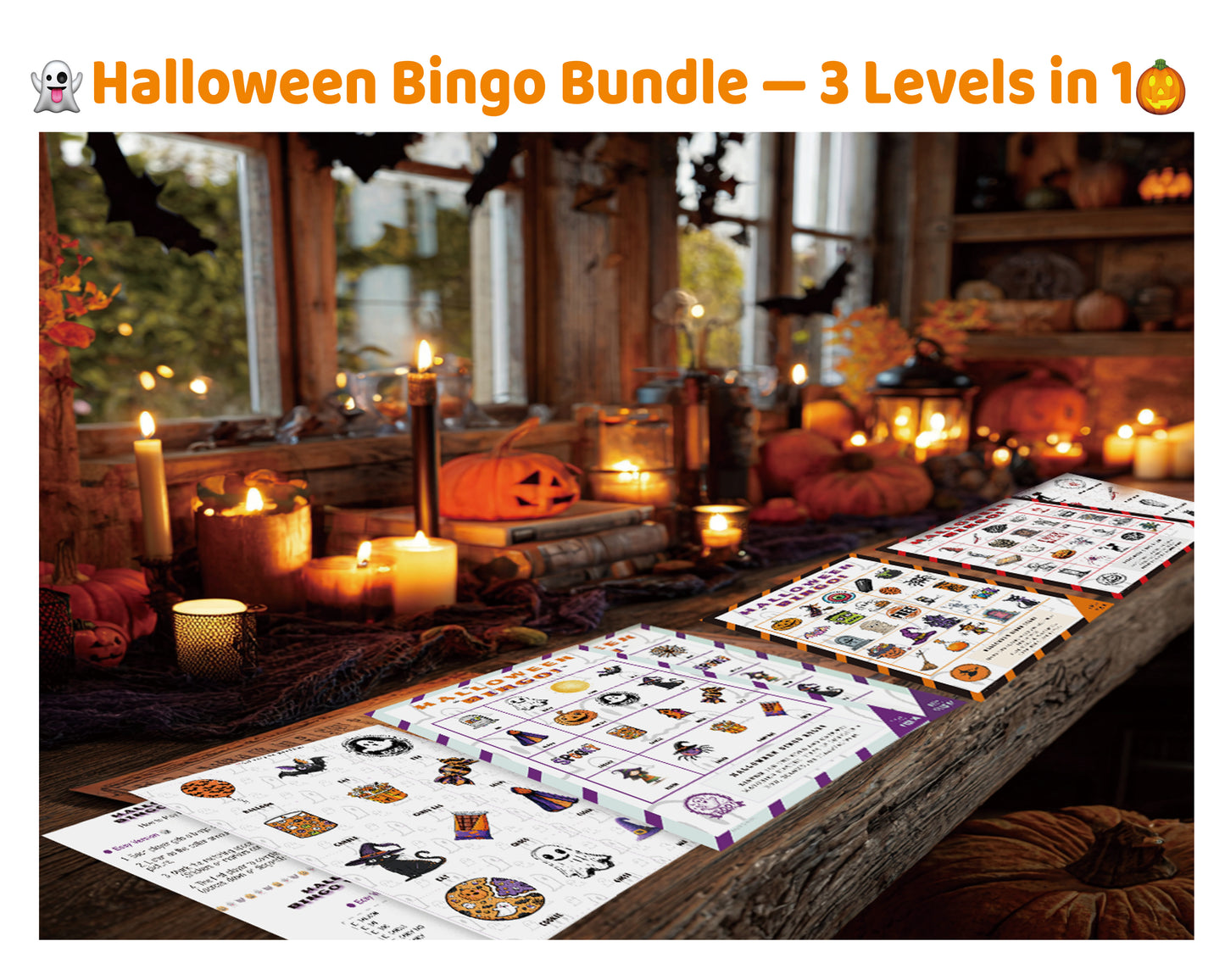Halloween Bingo Printable Game Bundle – Easy, Medium & Hard Family Edition