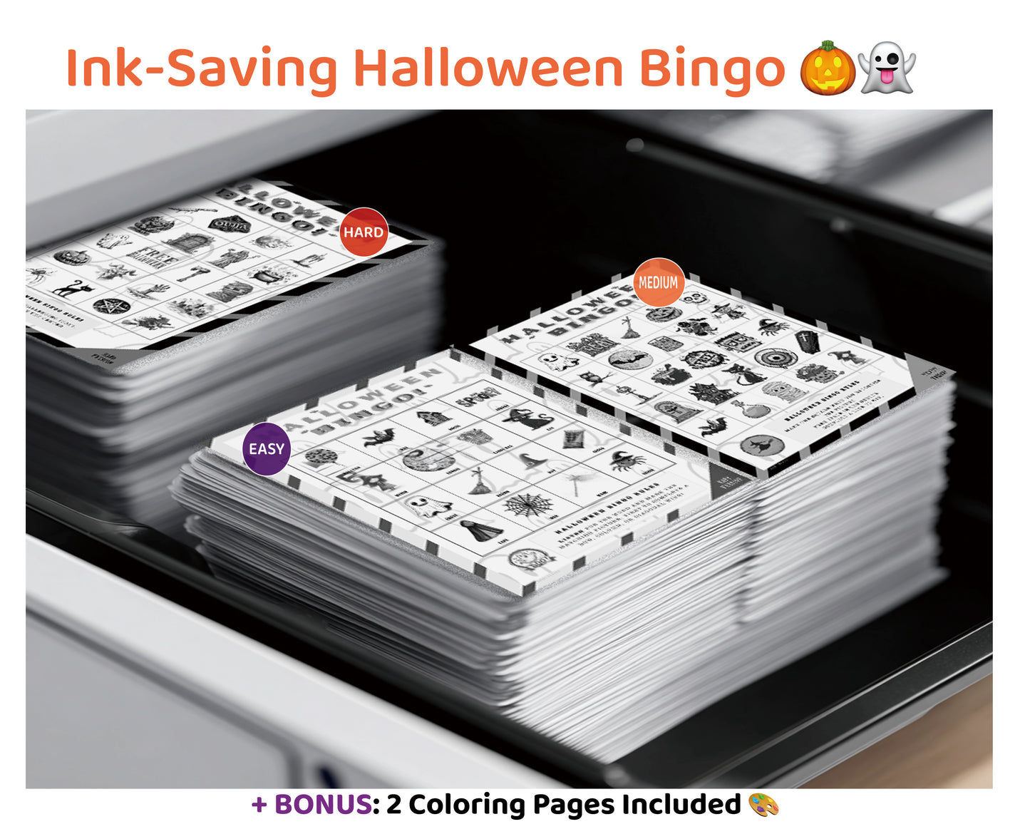 Halloween Bingo Printable Game Bundle - Easy, Medium, Hard Family Edition (Black & White)