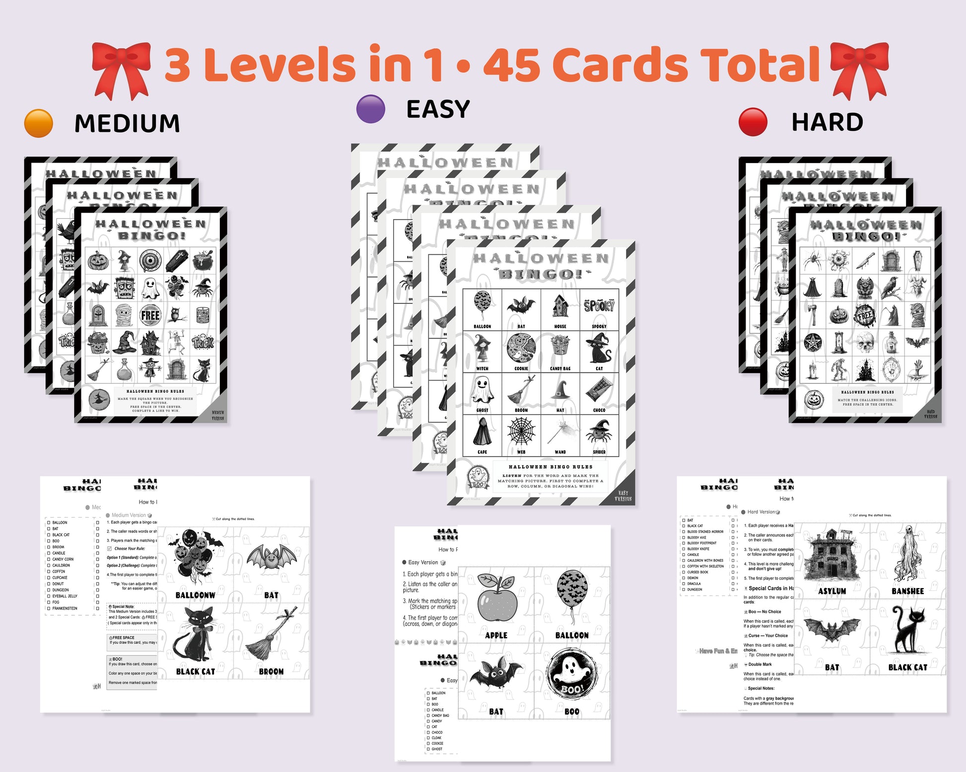 Halloween Bingo Classroom Bundle Black and White Edition with Easy, Medium, and Hard Games – 90 Cards Total