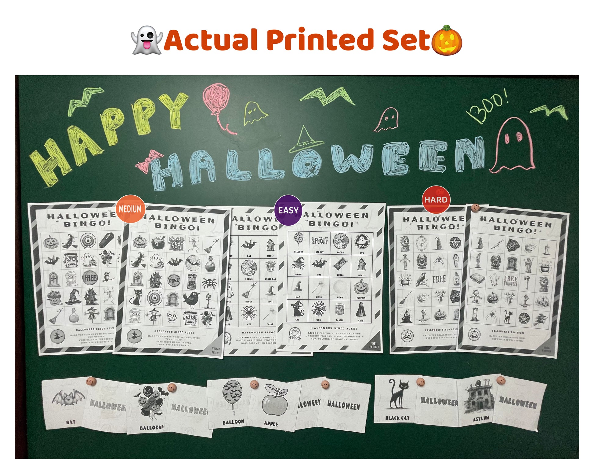 Halloween Bingo Classroom Bundle Black and White Edition with Easy, Medium, and Hard Games – 90 Cards Total