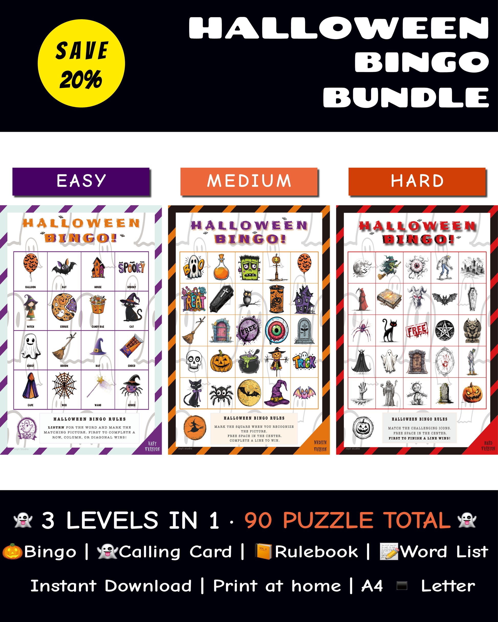 Halloween Bingo Classroom Bundle Color Edition with Easy, Medium, and Hard Games – 90 Cards Total