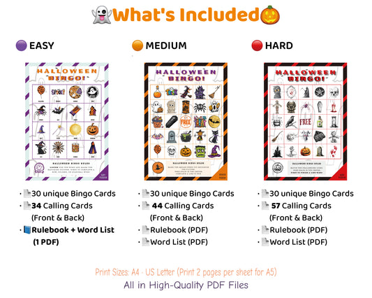 Halloween Bingo Classroom Bundle Color Edition with Easy, Medium, and Hard Games – 90 Cards Total