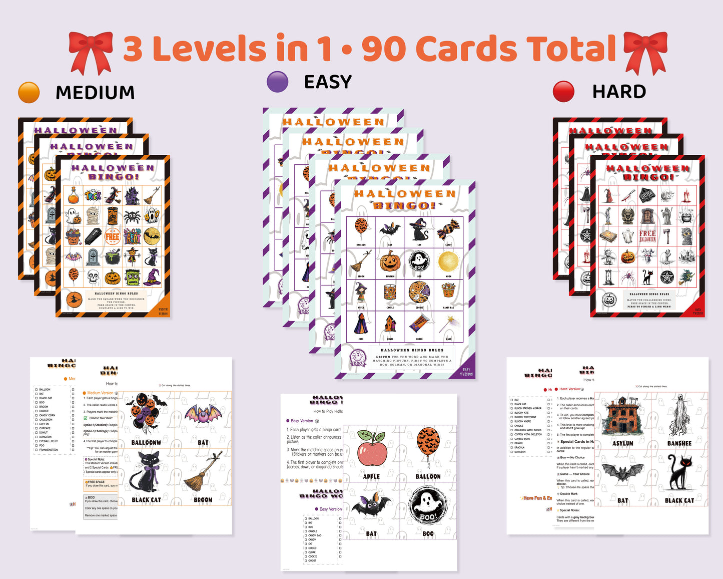 Halloween Bingo Classroom Bundle Color Edition with Easy, Medium, and Hard Games – 90 Cards Total
