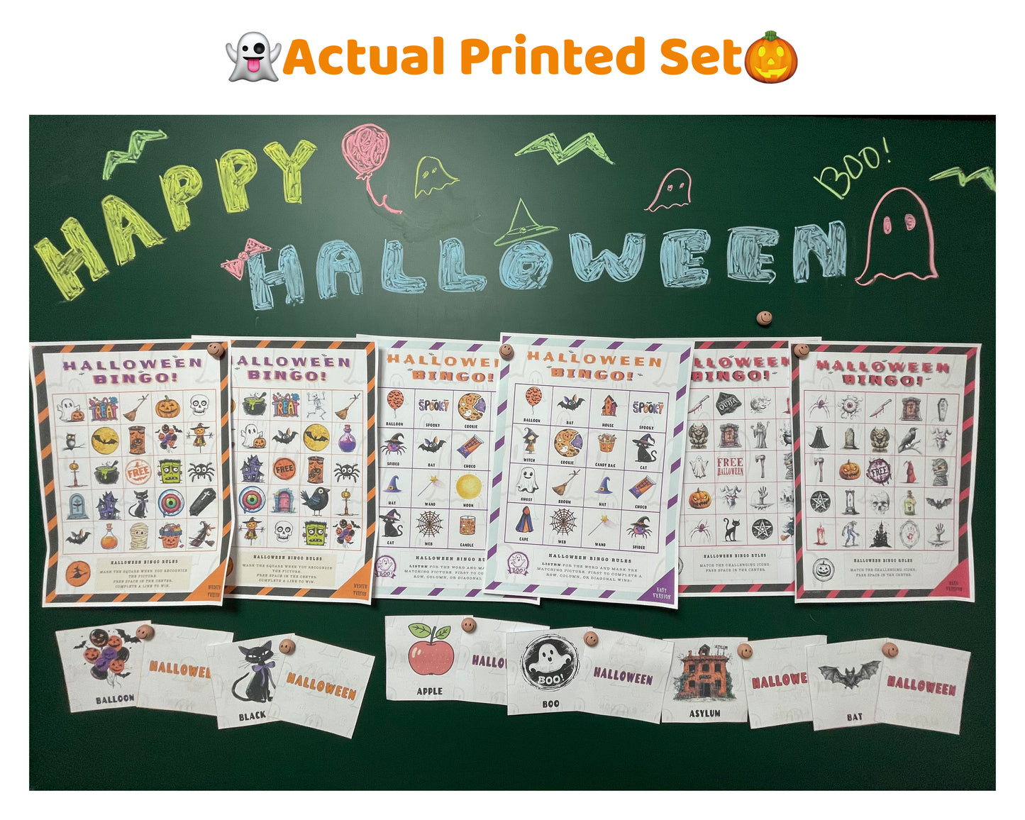 Halloween Bingo Classroom Bundle Color Edition with Easy, Medium, and Hard Games – 90 Cards Total