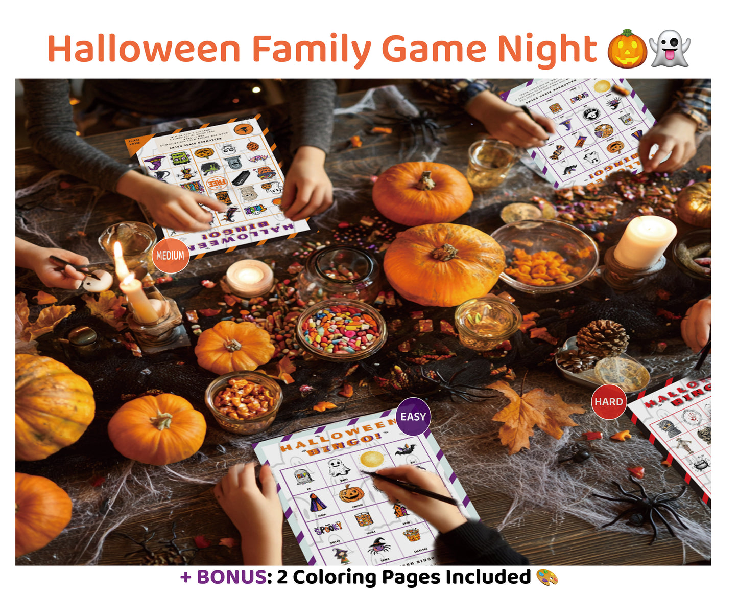 Halloween Bingo Classroom Bundle Color Edition with Easy, Medium, and Hard Games – 90 Cards Total