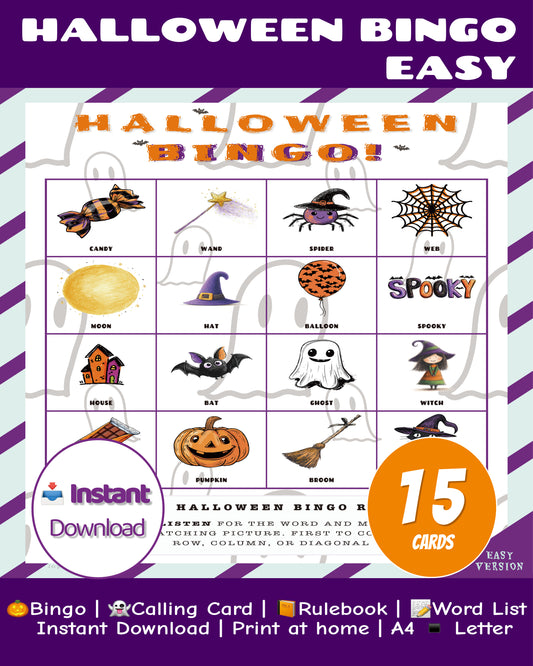 Halloween Bingo Printable Game - Easy Family Edition | Kids Party Activity
