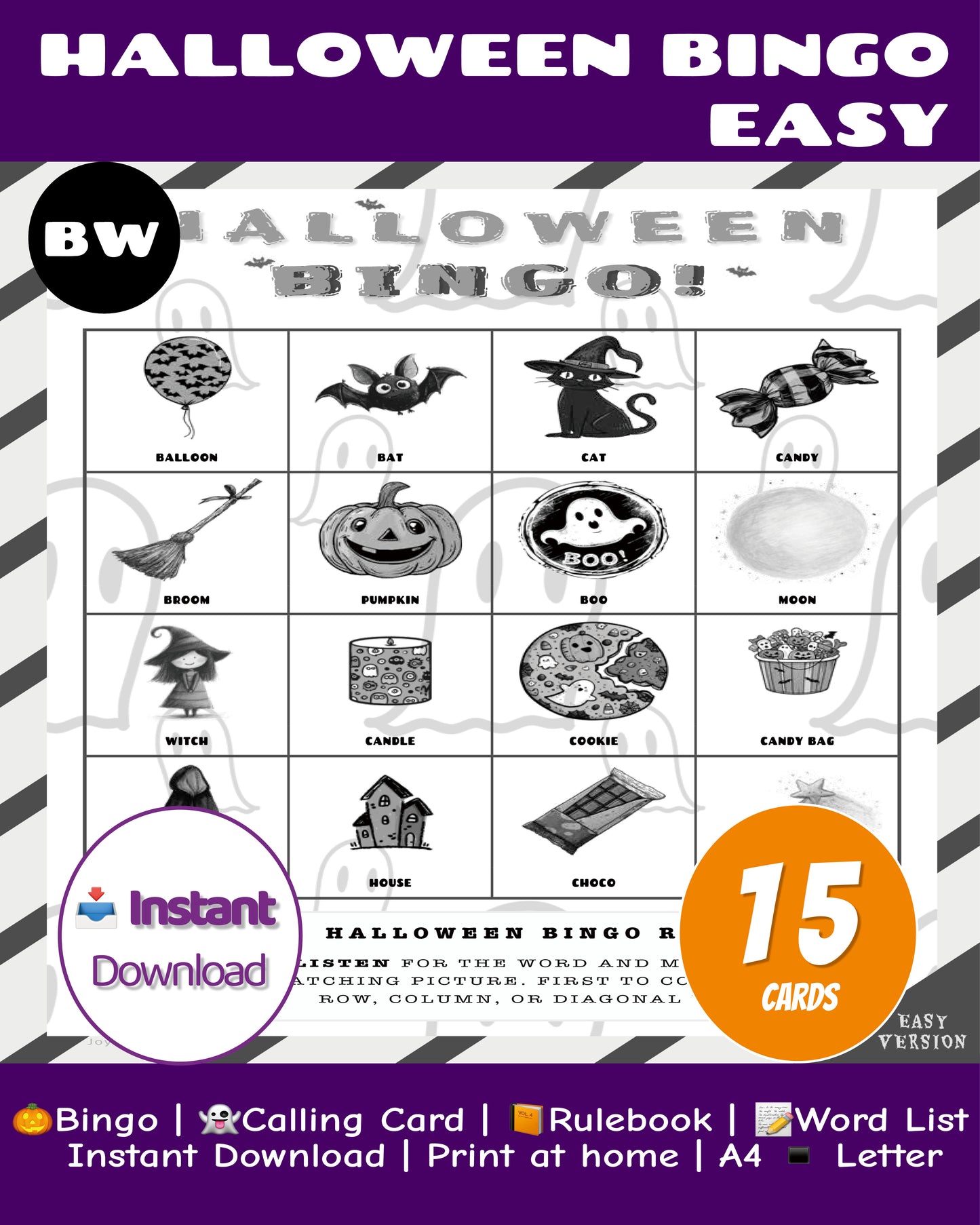 Halloween Bingo Game - Easy Family Edition (Black & White)