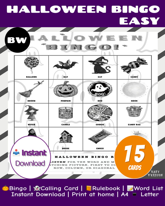 Halloween Bingo Game - Easy Family Edition (Black & White)