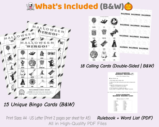 Halloween Bingo Game - Easy Family Edition (Black & White)