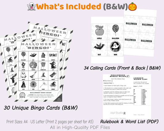 Halloween Bingo Printable Game - Easy Class Edition (B&W) | Classroom Activity