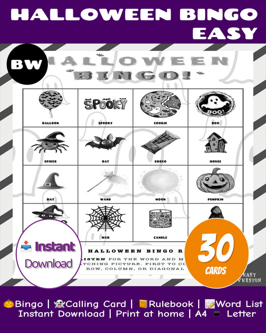 Halloween Bingo Printable Game - Easy Class Edition (B&W) | Classroom Activity