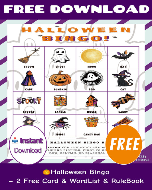 Free Halloween Bingo Printable – 2 Cards + Word List & Rulebook