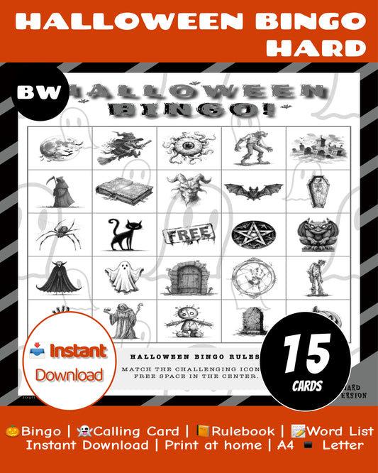 Halloween Bingo Printable Game – 15Hard Edition |Black & White | Adult Party Fun
