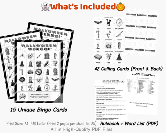 Halloween Bingo Printable Game – 15Hard Edition |Black & White | Adult Party Fun