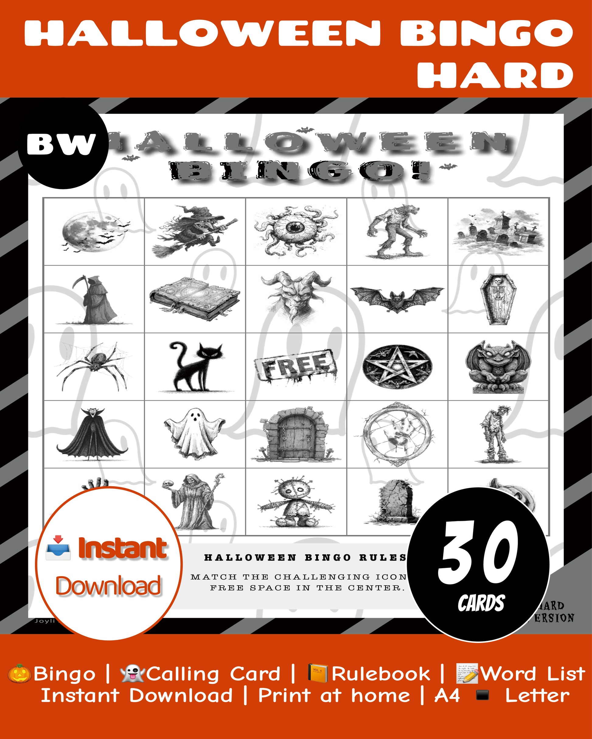 Halloween Bingo Hard 30 Black and White Cards Printable Game with 54 Call Cards and 3 Special Cards