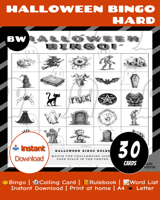 Halloween Bingo Hard 30 Black and White Cards Printable Game with 54 Call Cards and 3 Special Cards