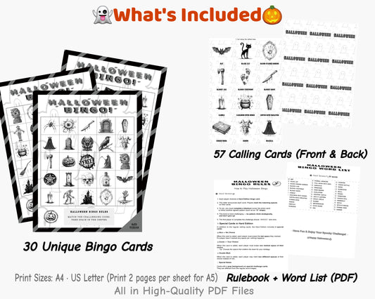 Halloween Bingo Hard 30 Black and White Cards Printable Game with 54 Call Cards and 3 Special Cards