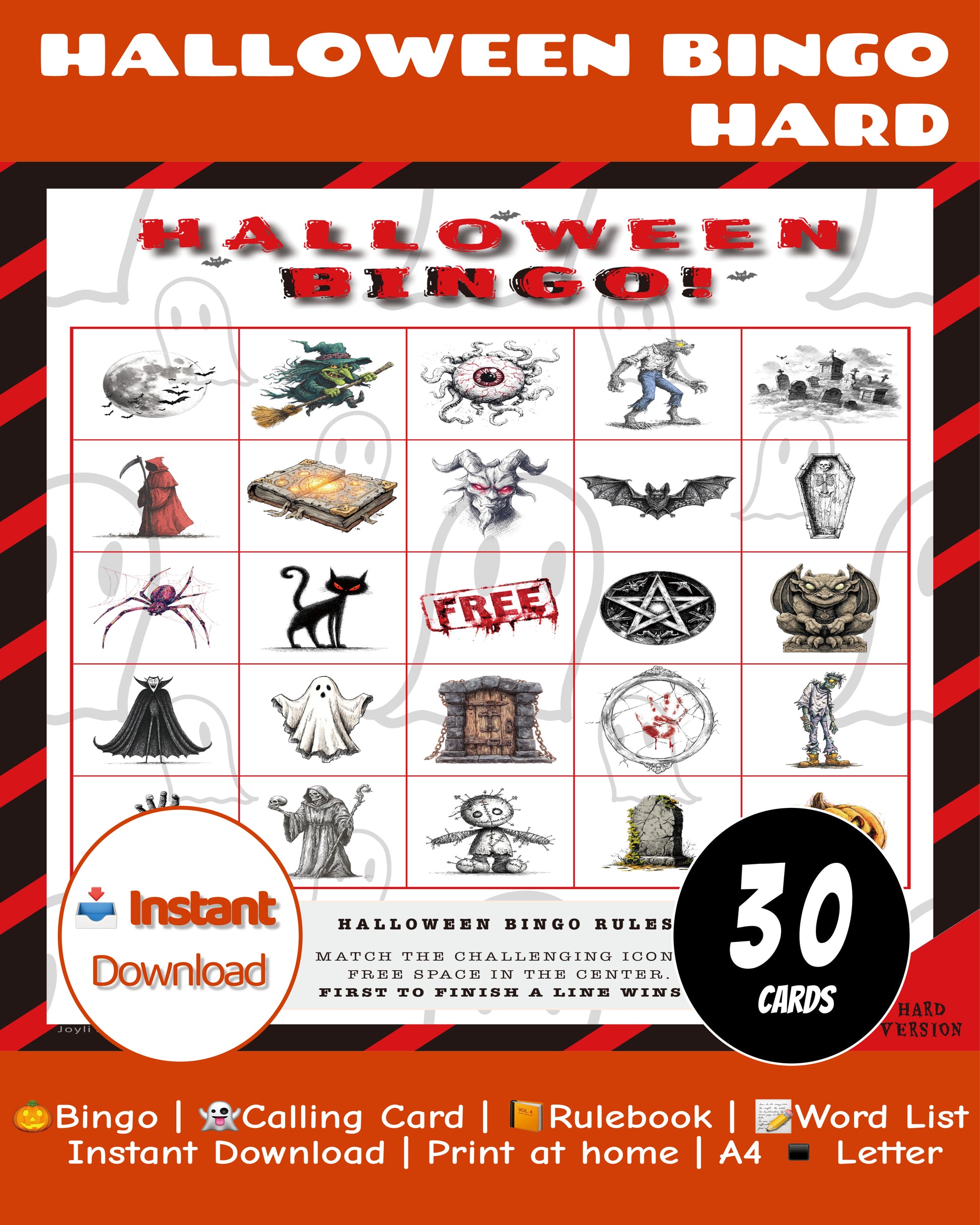 Halloween Bingo Hard 30 Cards Printable Game with 54 Call Cards and 3 Special Cards