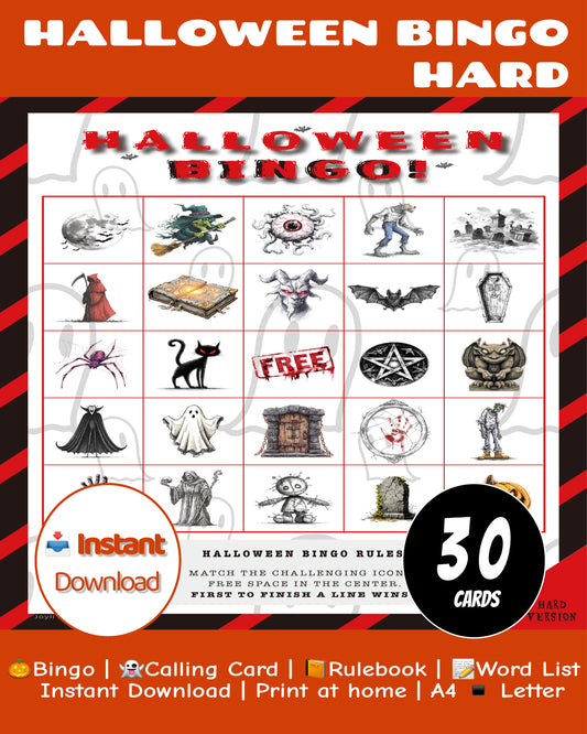 Halloween Bingo Hard 30 Cards Printable Game with 54 Call Cards and 3 Special Cards