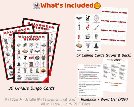 Halloween Bingo Hard 30 Cards Printable Game with 54 Call Cards and 3 Special Cards