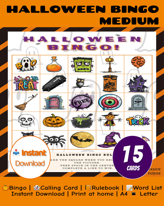 Halloween Bingo Printable Game - Medium Family Edition | Kids Party Activity