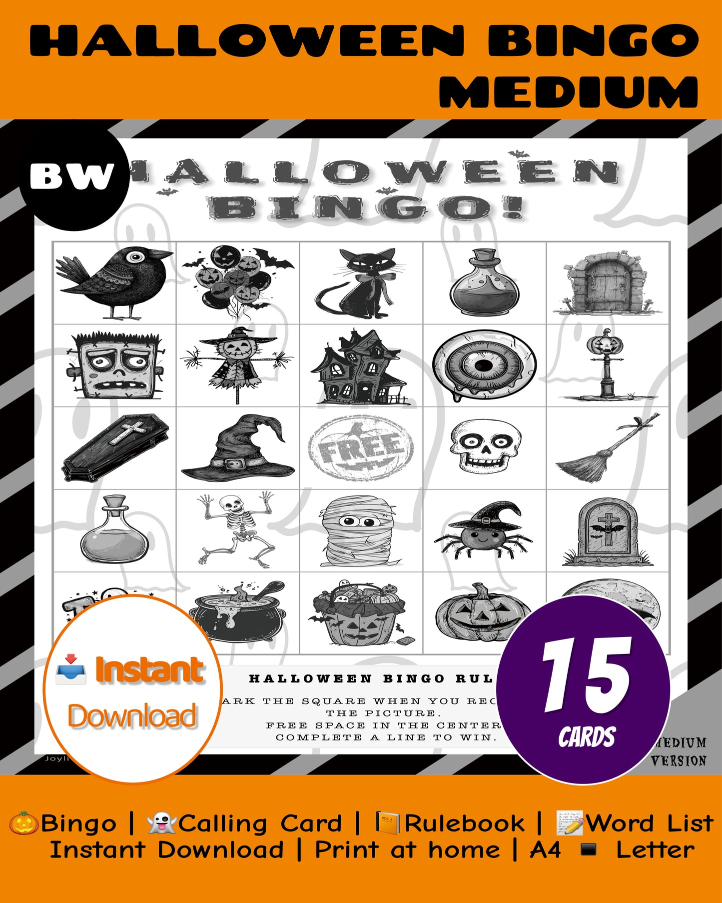 Halloween Bingo Game - Medium Family Edition (Black & White)