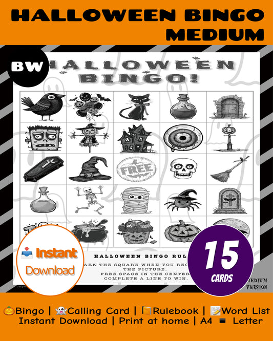 Halloween Bingo Game - Medium Family Edition (Black & White)