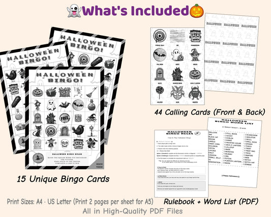 Halloween Bingo Game - Medium Family Edition (Black & White)