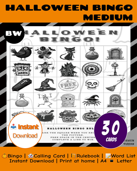 Halloween Bingo Printable Game - Medium Class Edition (B&W) | Classroom Activity