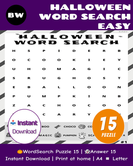 Halloween Word Search Printable Easy- Family Edition | 15 Puzzles + Answers | Black & White PDF