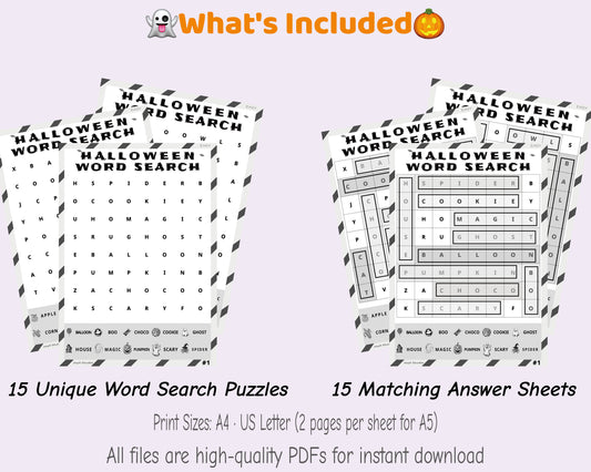 Halloween Word Search Printable Easy- Family Edition | 15 Puzzles + Answers | Black & White PDF