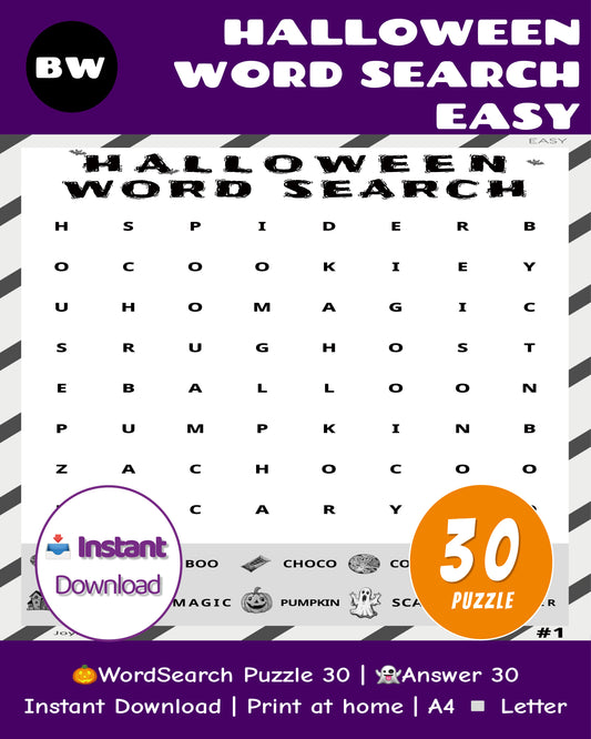 Halloween Word Search Easy Classroom Edition – Black & White Worksheets
