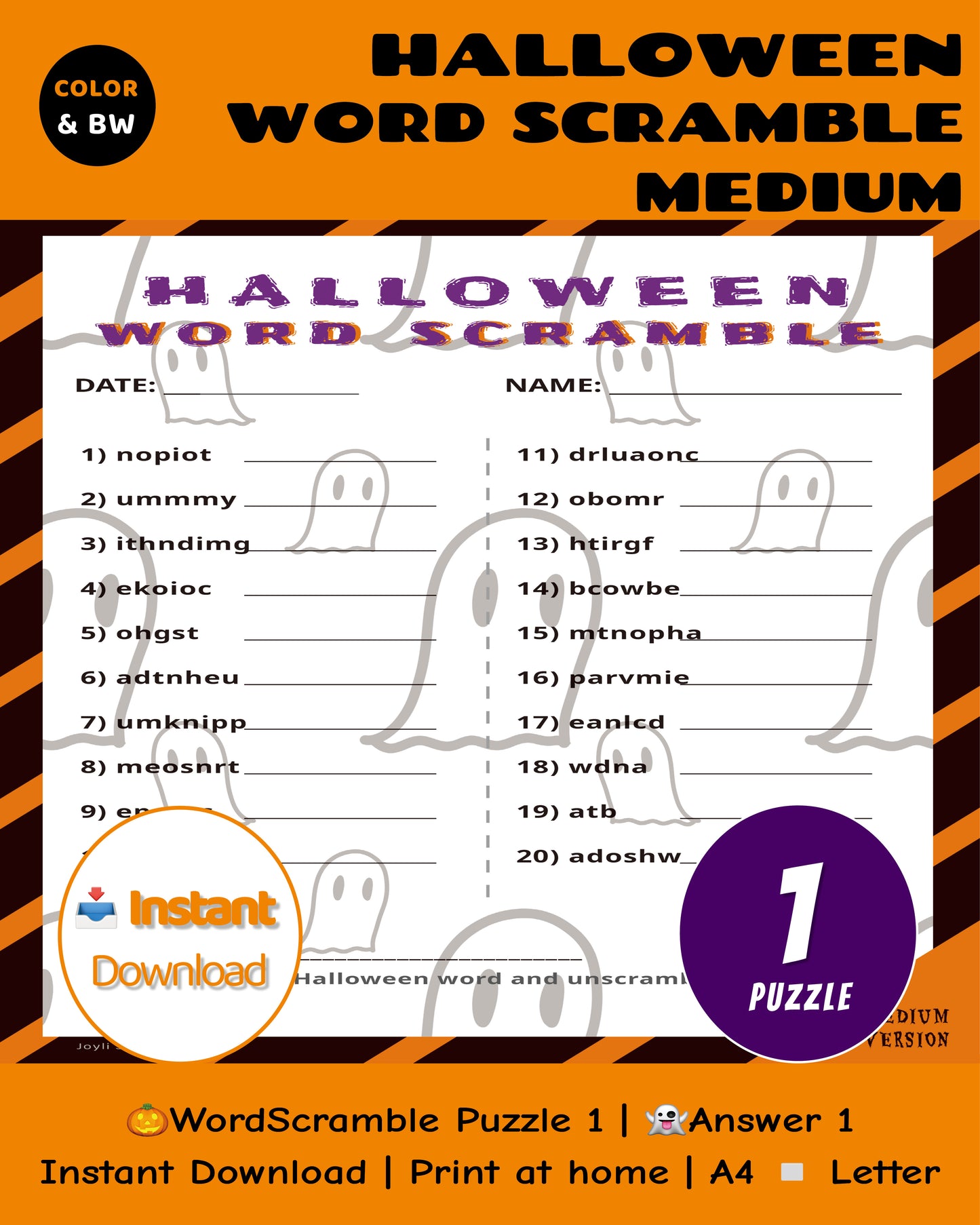 Halloween Word Scramble Printable Game - Medium Family Edition | Teens Party Activity