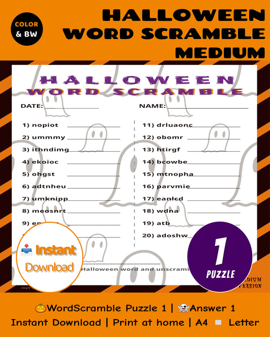 Halloween Word Scramble Printable Game - Medium Family Edition | Teens Party Activity