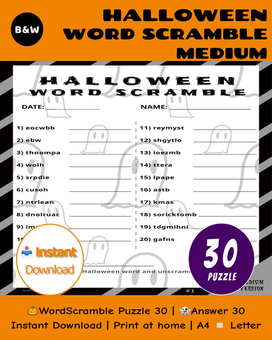 Halloween Word Scramble Medium Classroom Edition – Black & White Worksheets