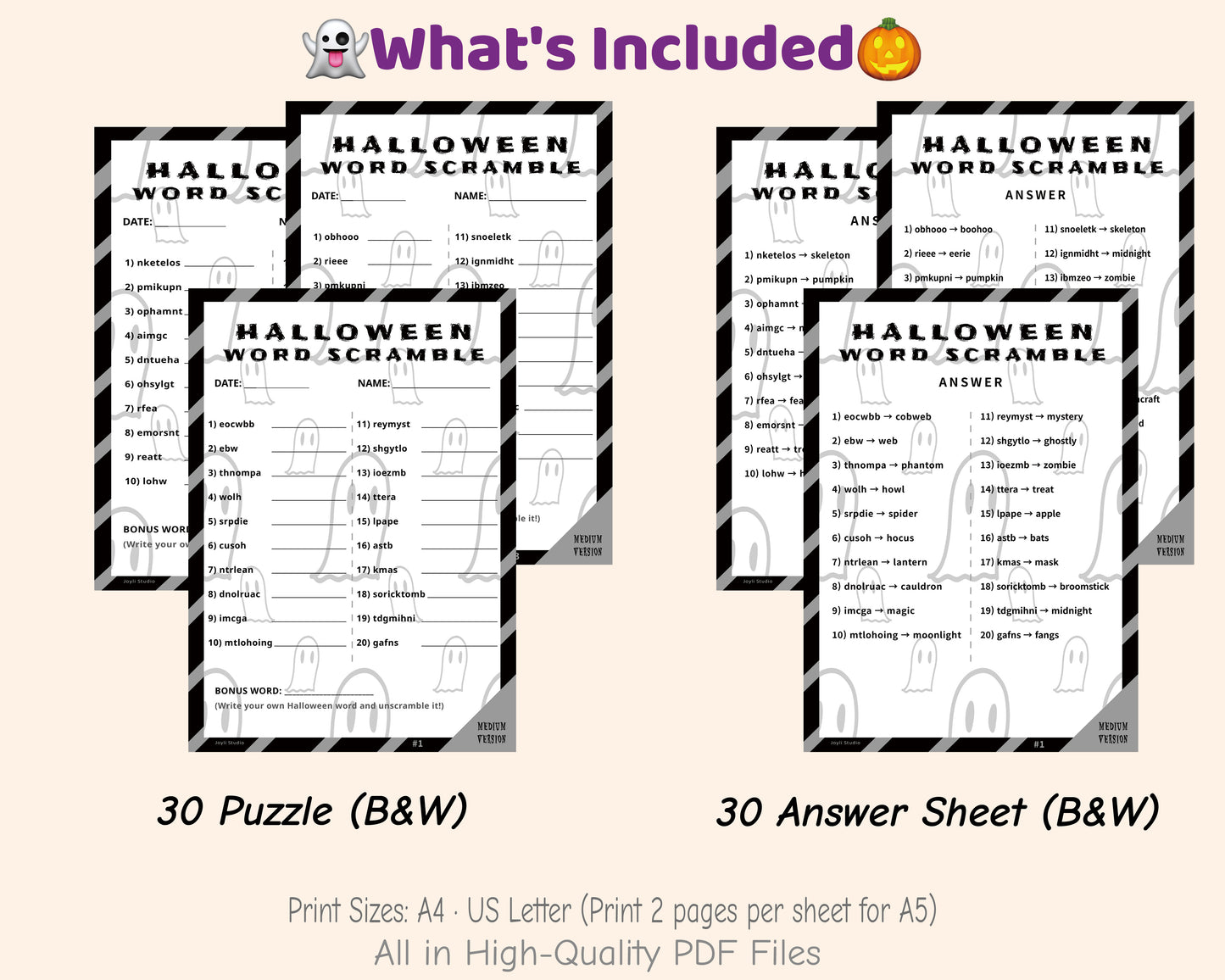 Printable Halloween Word Scramble Game – Medium Level B&W