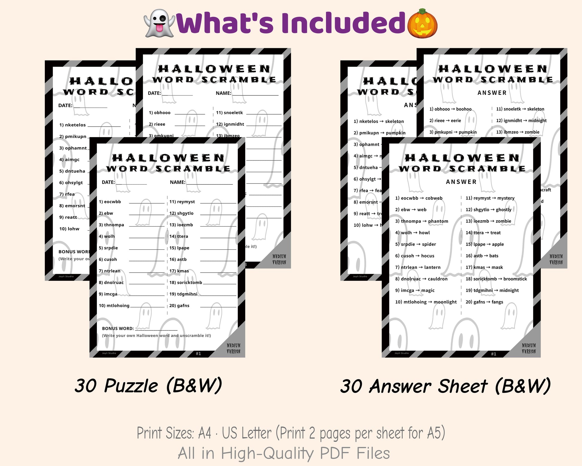 Printable Halloween Word Scramble Game – Medium Level B&W
