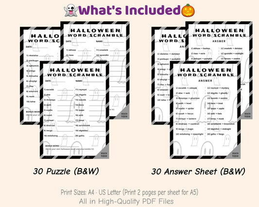 Printable Halloween Word Scramble Game – Medium Level B&W