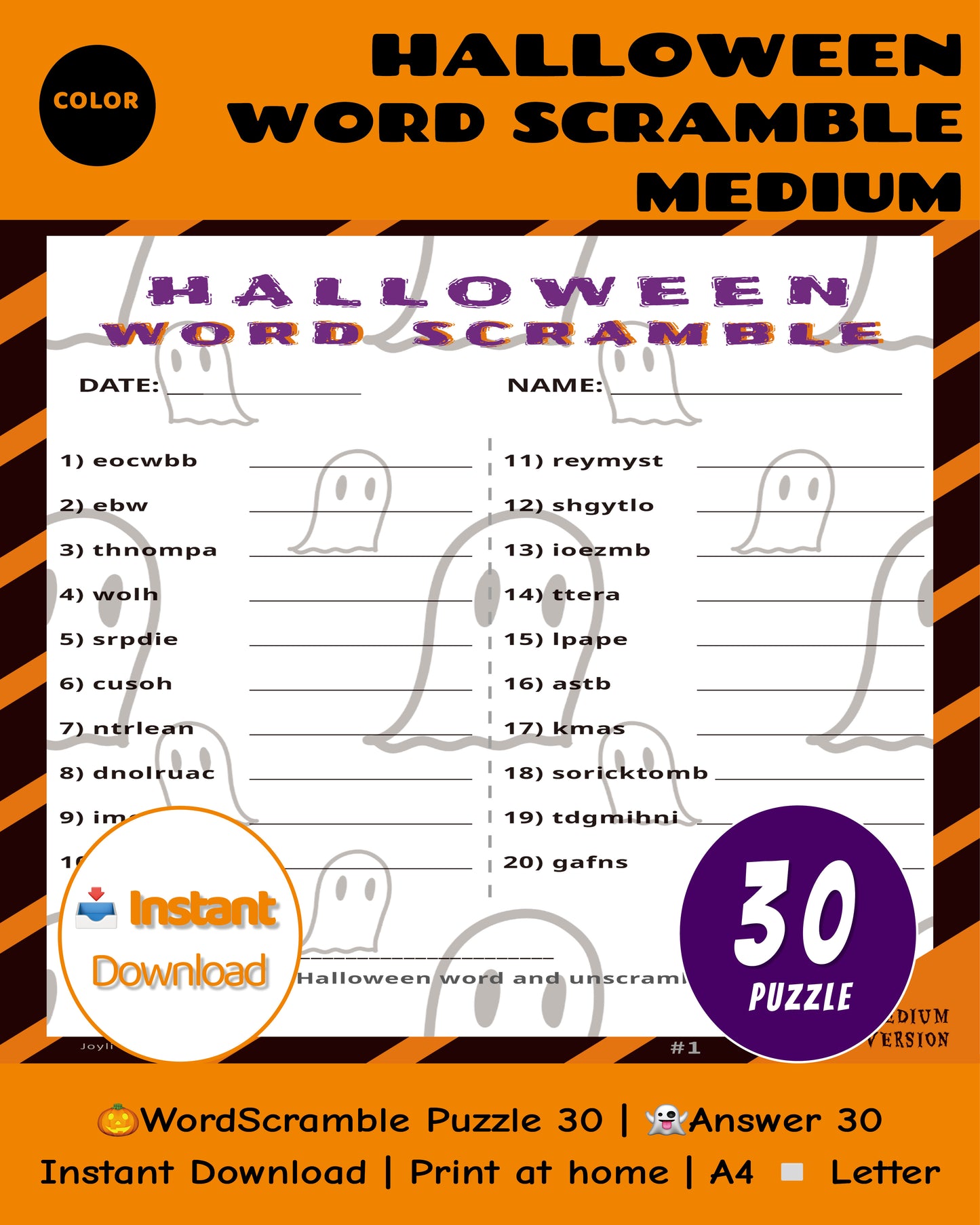 Halloween Word Scramble Medium Classroom Edition – Color Puzzle Worksheets