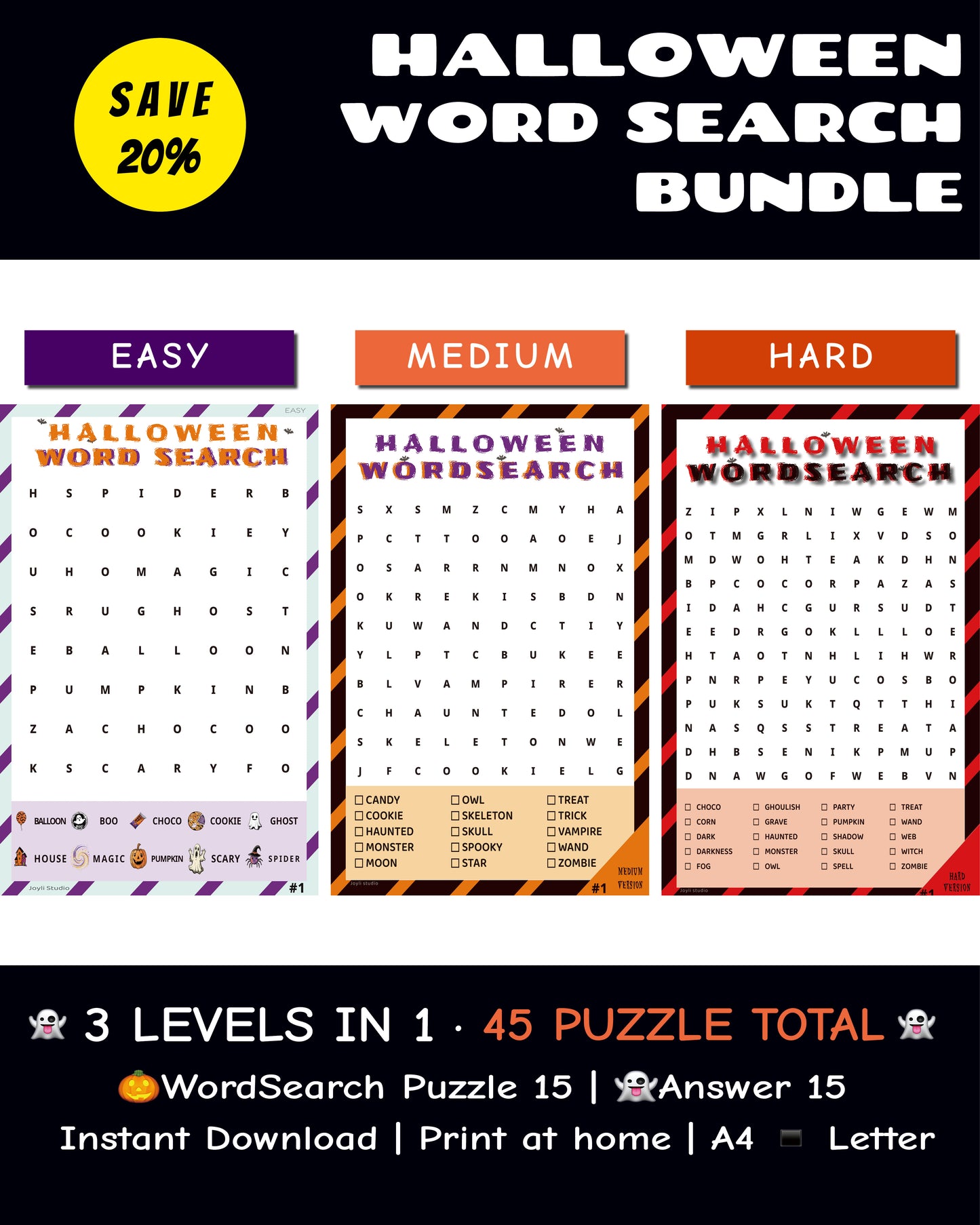 Halloween Word Search Bundle – 3 Levels 45 Puzzles + Answers | Color PDF